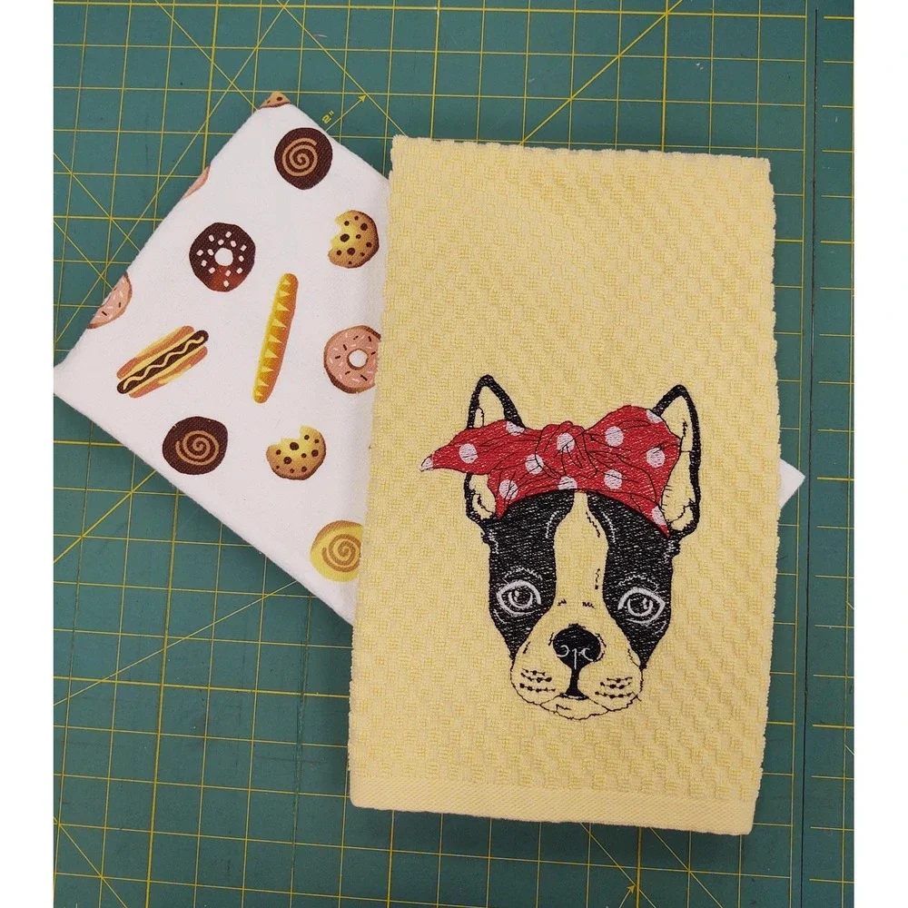 BOSTON TERRIER With Headband Kitchen Bath Hand Bar Towel Set of 2 Hostess Gift!